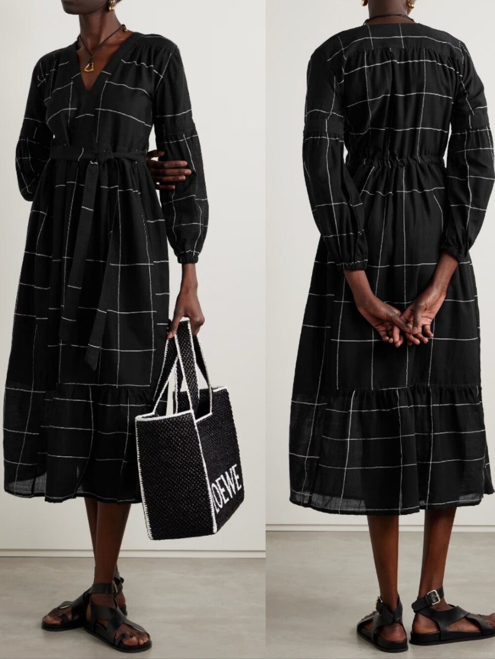 LEMLEM Elsabet Black Belted Windowpane Checked Cotton-Blend Midi Dress NWT S.